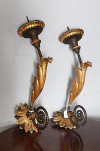 Antique pair of 18th century gilded and lacquered painted wooden sconces/candelabras.